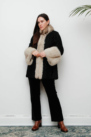 Vintage Gothic Persian Swakara Broadtail & Silver Fox Fur Coat – Black
