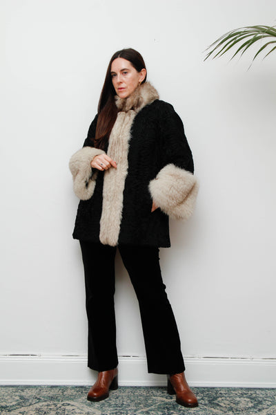 Vintage Gothic Persian Swakara Broadtail & Silver Fox Fur Coat – Black