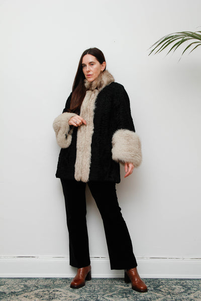 Vintage Gothic Persian Swakara Broadtail & Silver Fox Fur Coat – Black
