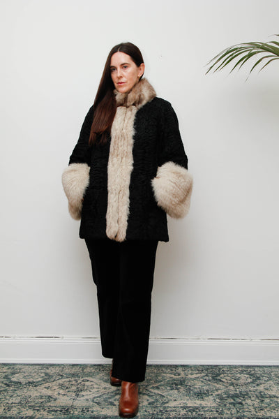 Vintage Gothic Persian Swakara Broadtail & Silver Fox Fur Coat – Black