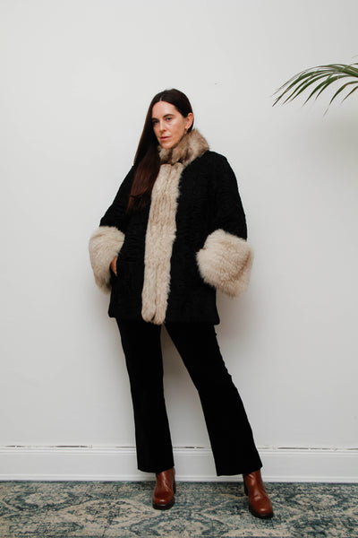 Vintage Gothic Persian Swakara Broadtail & Silver Fox Fur Coat – Black