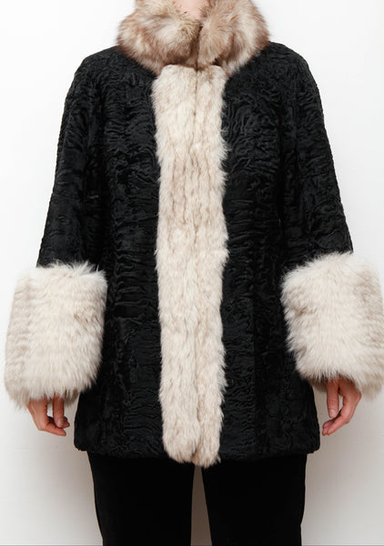 Vintage Gothic Persian Swakara Broadtail & Silver Fox Fur Coat – Black