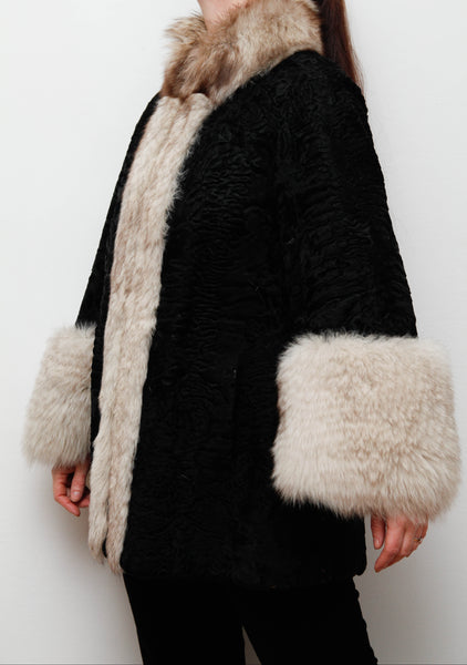 Vintage Gothic Persian Swakara Broadtail & Silver Fox Fur Coat – Black