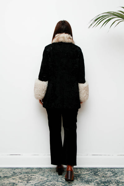 Vintage Gothic Persian Swakara Broadtail & Silver Fox Fur Coat – Black