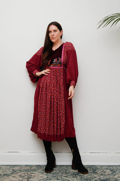 1970s Floral Gothic Prairie Dress – Velvet Bib & Balloon Sleeves