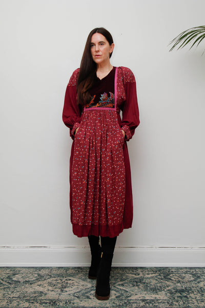 1970s Floral Gothic Prairie Dress – Velvet Bib & Balloon Sleeves