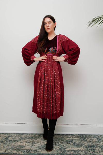 1970s Floral Gothic Prairie Dress – Velvet Bib & Balloon Sleeves