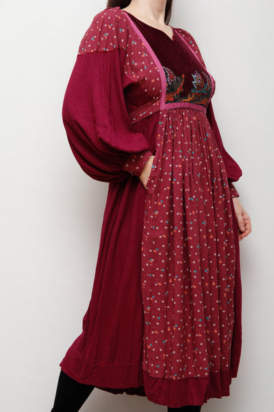 1970s Floral Gothic Prairie Dress – Velvet Bib & Balloon Sleeves