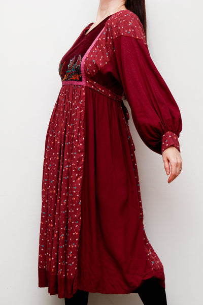 1970s Floral Gothic Prairie Dress – Velvet Bib & Balloon Sleeves