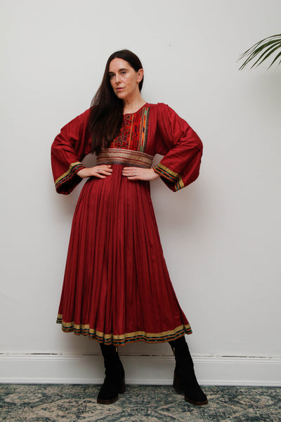 Vintage Afghan Bohemian Maxi Dress – Hand-Embroidered Gothic Rayon