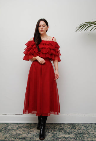 1970s Bohemian Frilled Off-Shoulder Dress