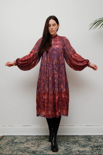 70s Indian Silk Peacock Dress by Ritu Kumar for Judith Ann