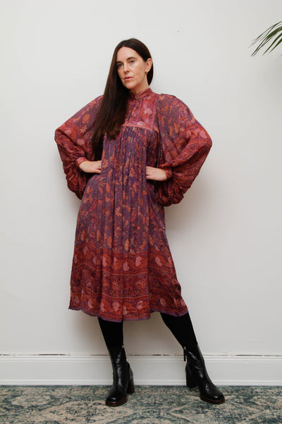 70s Indian Silk Peacock Dress by Ritu Kumar for Judith Ann