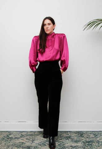 1980s Gothic Satin Blouse with Dramatic Shoulders