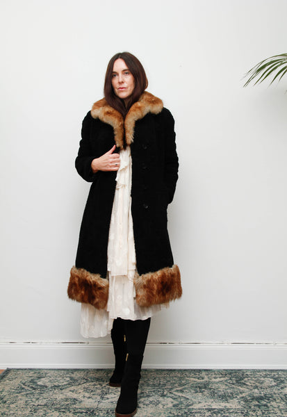 Stunning 1970s Black Sheepskin Coat – Gothic Bohemian Maxi- Penny Lane