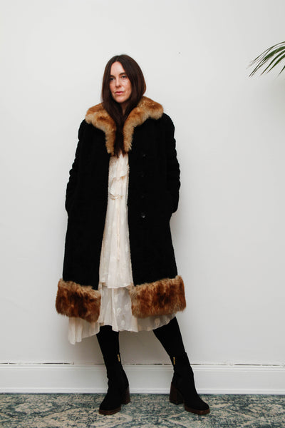 Stunning 1970s Black Sheepskin Coat – Gothic Bohemian Maxi- Penny Lane