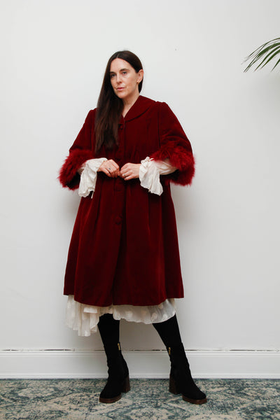 Exquisite 1960s Burgundy Velvet Coat with Marabou Cuffs