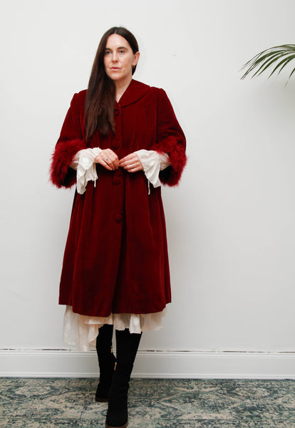 Exquisite 1960s Burgundy Velvet Coat with Marabou Cuffs