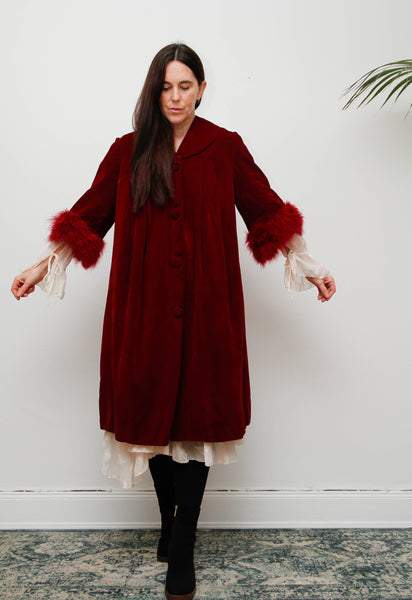 Exquisite 1960s Burgundy Velvet Coat with Marabou Cuffs