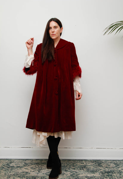 Exquisite 1960s Burgundy Velvet Coat with Marabou Cuffs