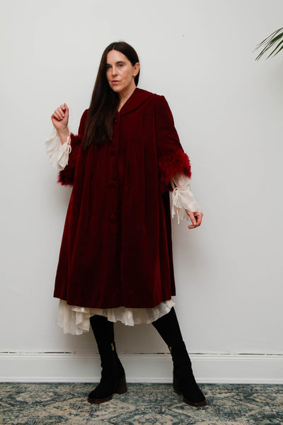 Exquisite 1960s Burgundy Velvet Coat with Marabou Cuffs