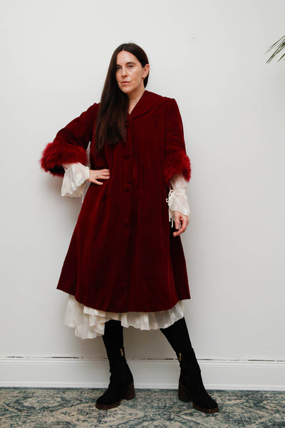 Exquisite 1960s Burgundy Velvet Coat with Marabou Cuffs