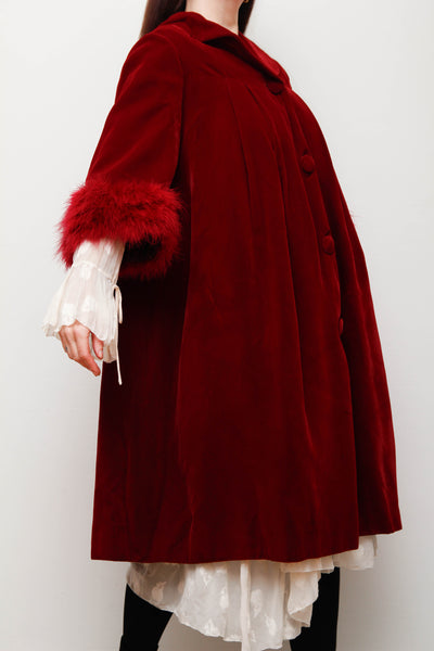 Exquisite 1960s Burgundy Velvet Coat with Marabou Cuffs