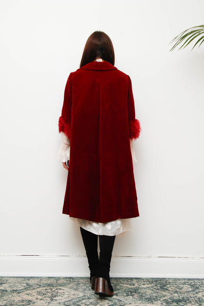 Exquisite 1960s Burgundy Velvet Coat with Marabou Cuffs