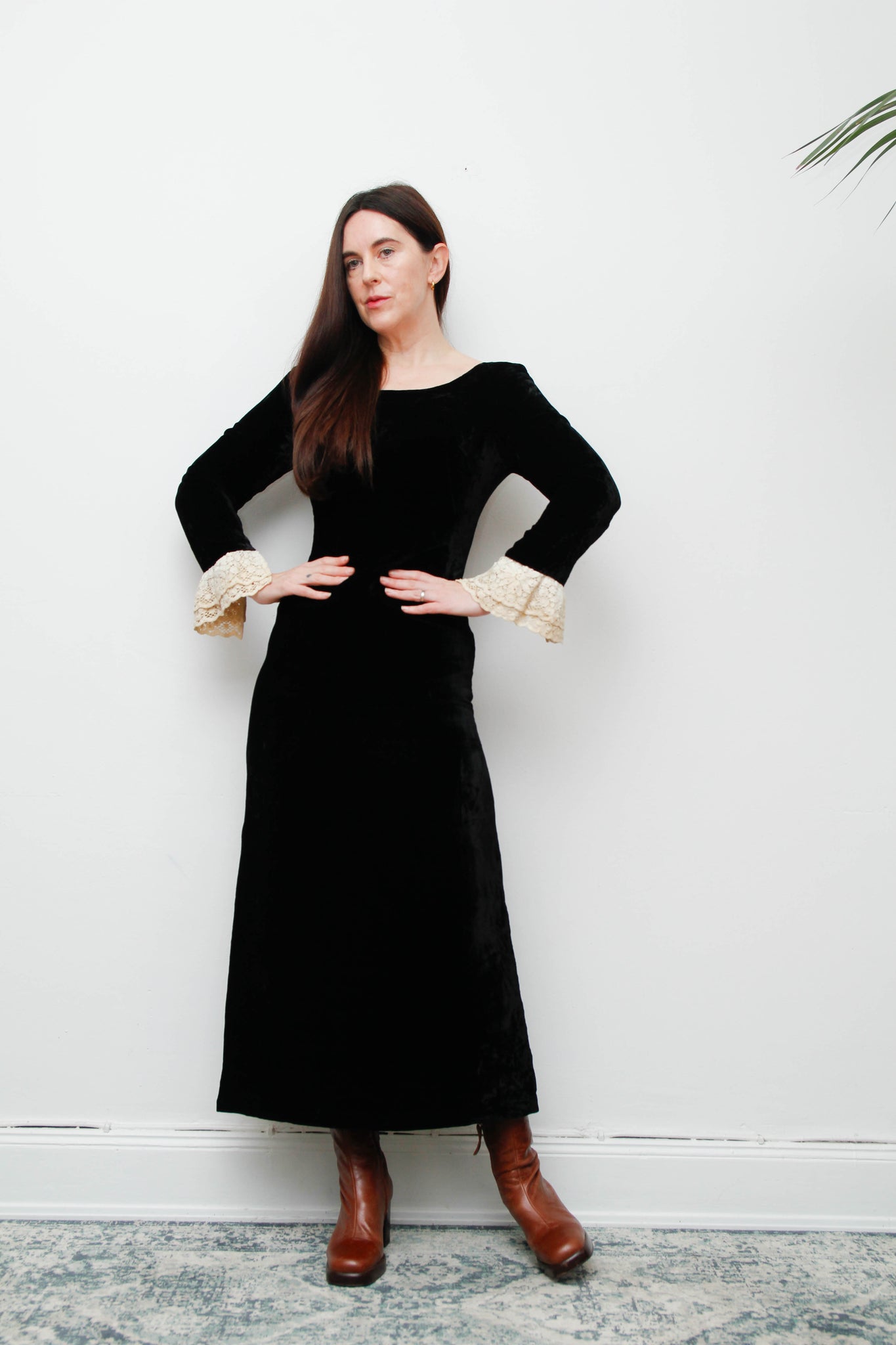 Vintage 1970s Jean Allen Black Velvet Dress – Cream Lace Cuffs, Gothic Elegance, Fully Lined, Zip Back