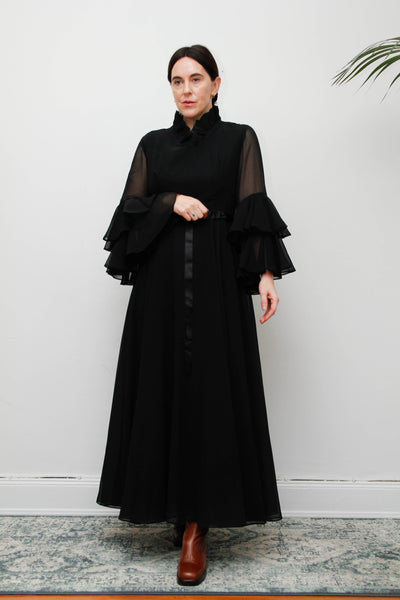 Vintage Black Gothic Dress – Victorian Collar, Layered Chiffon Sleeves, Satin Ribbon Bodice, Fitted Waist