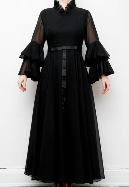 Vintage Black Gothic Dress – Victorian Collar, Layered Chiffon Sleeves, Satin Ribbon Bodice, Fitted Waist