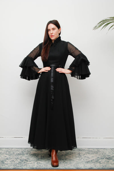 Vintage Black Gothic Dress – Victorian Collar, Layered Chiffon Sleeves, Satin Ribbon Bodice, Fitted Waist