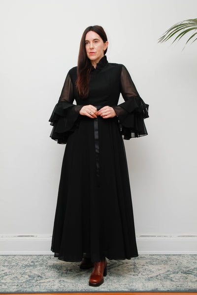 Vintage Black Gothic Dress – Victorian Collar, Layered Chiffon Sleeves, Satin Ribbon Bodice, Fitted Waist