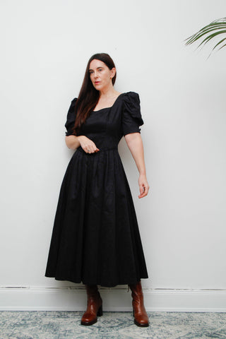 Vintage Laura Ashley Black Velvet Gothic Dress – Full Sweep Skirt, Mutton Sleeves, Plunging Back, UK 16, 100% Cotton