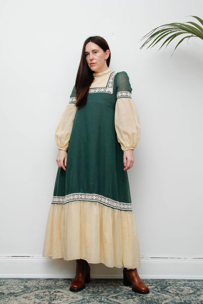 Rare Paula Lee Prairie Dress – Forest Green & Cream Lace Trim, Victorian Gothic High Neck, Lantern Sleeves, Folklore Vintage Style