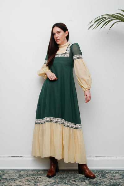 Rare Paula Lee Prairie Dress – Forest Green & Cream Lace Trim, Victorian Gothic High Neck, Lantern Sleeves, Folklore Vintage Style