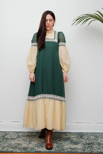 Rare Paula Lee Prairie Dress – Forest Green & Cream Lace Trim, Victorian Gothic High Neck, Lantern Sleeves, Folklore Vintage Style