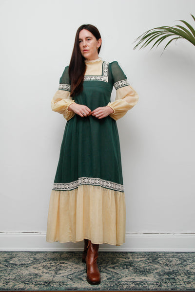Rare Paula Lee Prairie Dress – Forest Green & Cream Lace Trim, Victorian Gothic High Neck, Lantern Sleeves, Folklore Vintage Style
