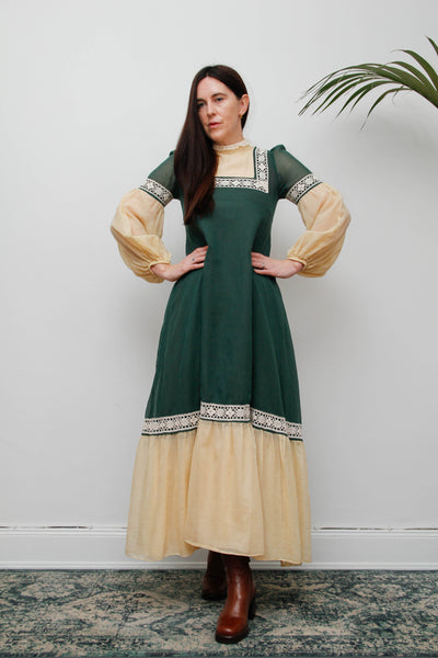 Rare Paula Lee Prairie Dress – Forest Green & Cream Lace Trim, Victorian Gothic High Neck, Lantern Sleeves, Folklore Vintage Style