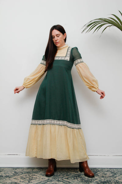 Rare Paula Lee Prairie Dress – Forest Green & Cream Lace Trim, Victorian Gothic High Neck, Lantern Sleeves, Folklore Vintage Style