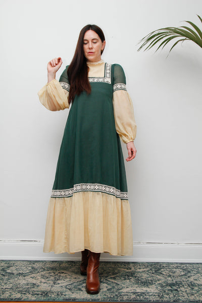 Rare Paula Lee Prairie Dress – Forest Green & Cream Lace Trim, Victorian Gothic High Neck, Lantern Sleeves, Folklore Vintage Style