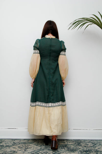 Rare Paula Lee Prairie Dress – Forest Green & Cream Lace Trim, Victorian Gothic High Neck, Lantern Sleeves, Folklore Vintage Style
