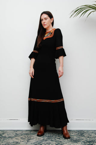 Vintage Gothic Prairie Maxi Dress – Black & Orange Floral, Dramatic Flute Sleeves, 70s Bohemian Style