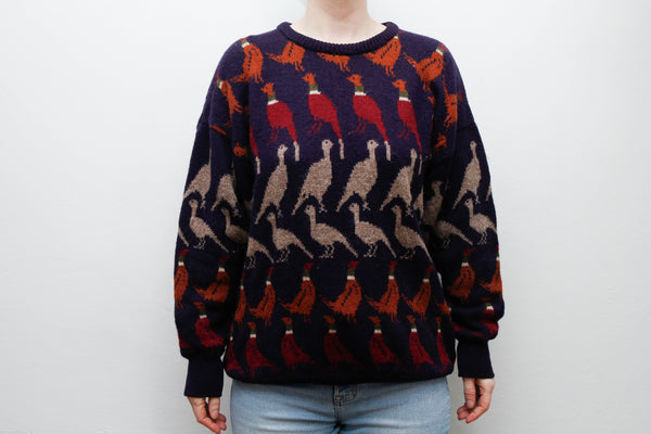 Vintage Pure New Wool Sweater – Knitted Pheasant Scene Jumper, Oversized 100% Wool in Autumnal Navy, Brown & Burgundy