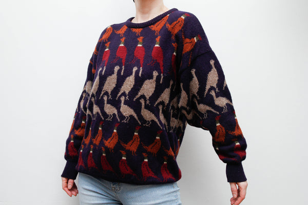 Vintage Pure New Wool Sweater – Knitted Pheasant Scene Jumper, Oversized 100% Wool in Autumnal Navy, Brown & Burgundy