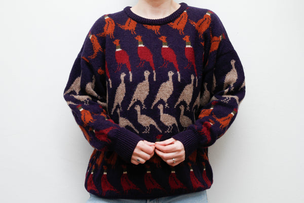 Vintage Pure New Wool Sweater – Knitted Pheasant Scene Jumper, Oversized 100% Wool in Autumnal Navy, Brown & Burgundy