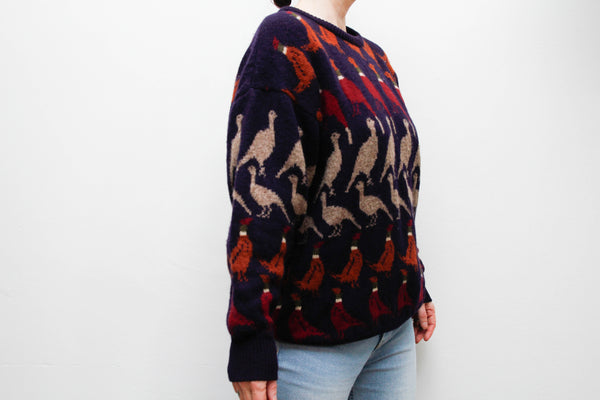 Vintage Pure New Wool Sweater – Knitted Pheasant Scene Jumper, Oversized 100% Wool in Autumnal Navy, Brown & Burgundy