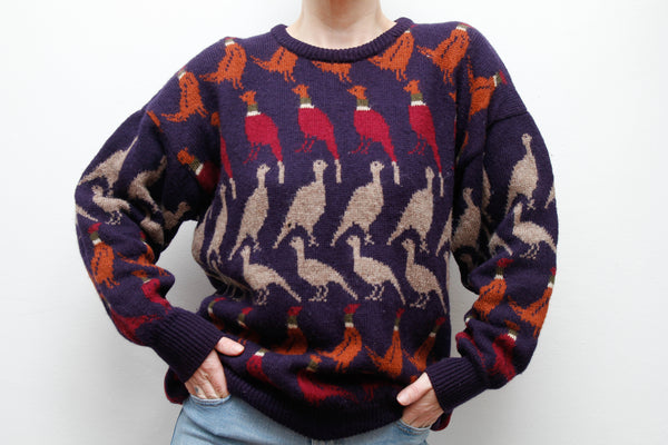Vintage Pure New Wool Sweater – Knitted Pheasant Scene Jumper, Oversized 100% Wool in Autumnal Navy, Brown & Burgundy