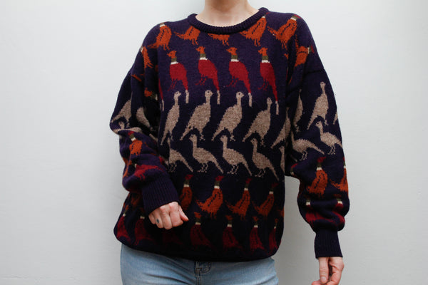 Vintage Pure New Wool Sweater – Knitted Pheasant Scene Jumper, Oversized 100% Wool in Autumnal Navy, Brown & Burgundy