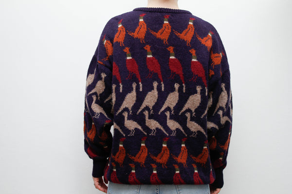 Vintage Pure New Wool Sweater – Knitted Pheasant Scene Jumper, Oversized 100% Wool in Autumnal Navy, Brown & Burgundy